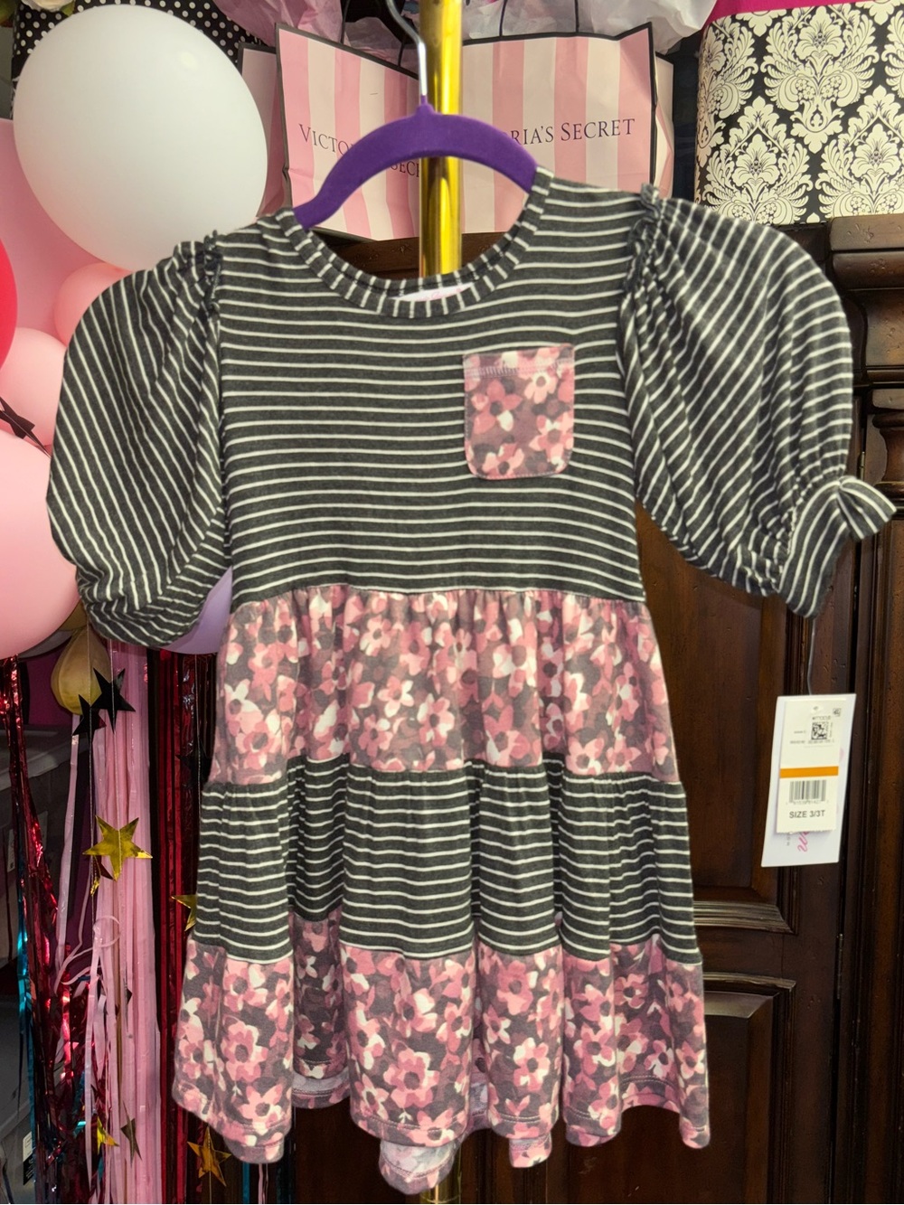 Bonnie Jean Black & Pink Striped Floral Tiered Puff-Sleeve Dress